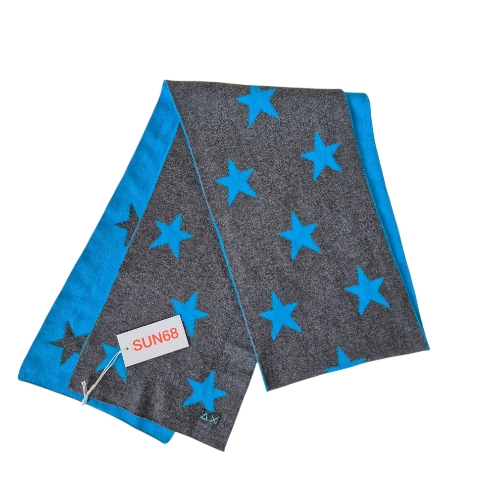 Sun68 Italy Cashmere Cotton Blend Scarf Blue & Gray Stars Unisex